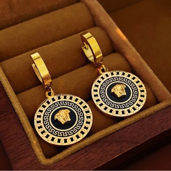 3FJ: FASHION Electroplated Copper Gold Tone & Black Earrings, NIP - Picture 3 of 5